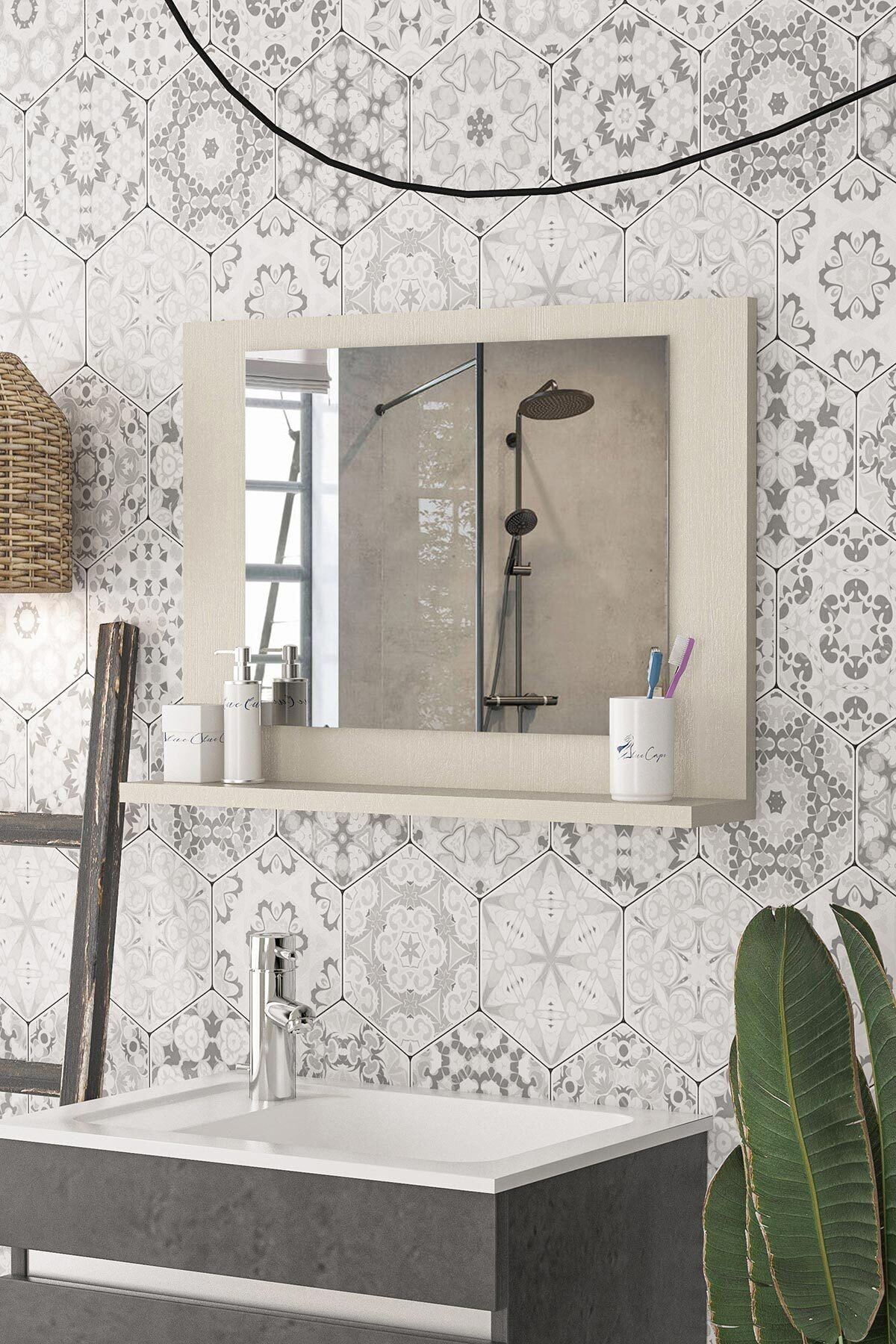 bluecape Modena 60x45cm Kumtaşı Raflı Ayna Dresuar Hol Koridor Salon Banyo Wc Ofis Çocuk Yatak Odası Boy