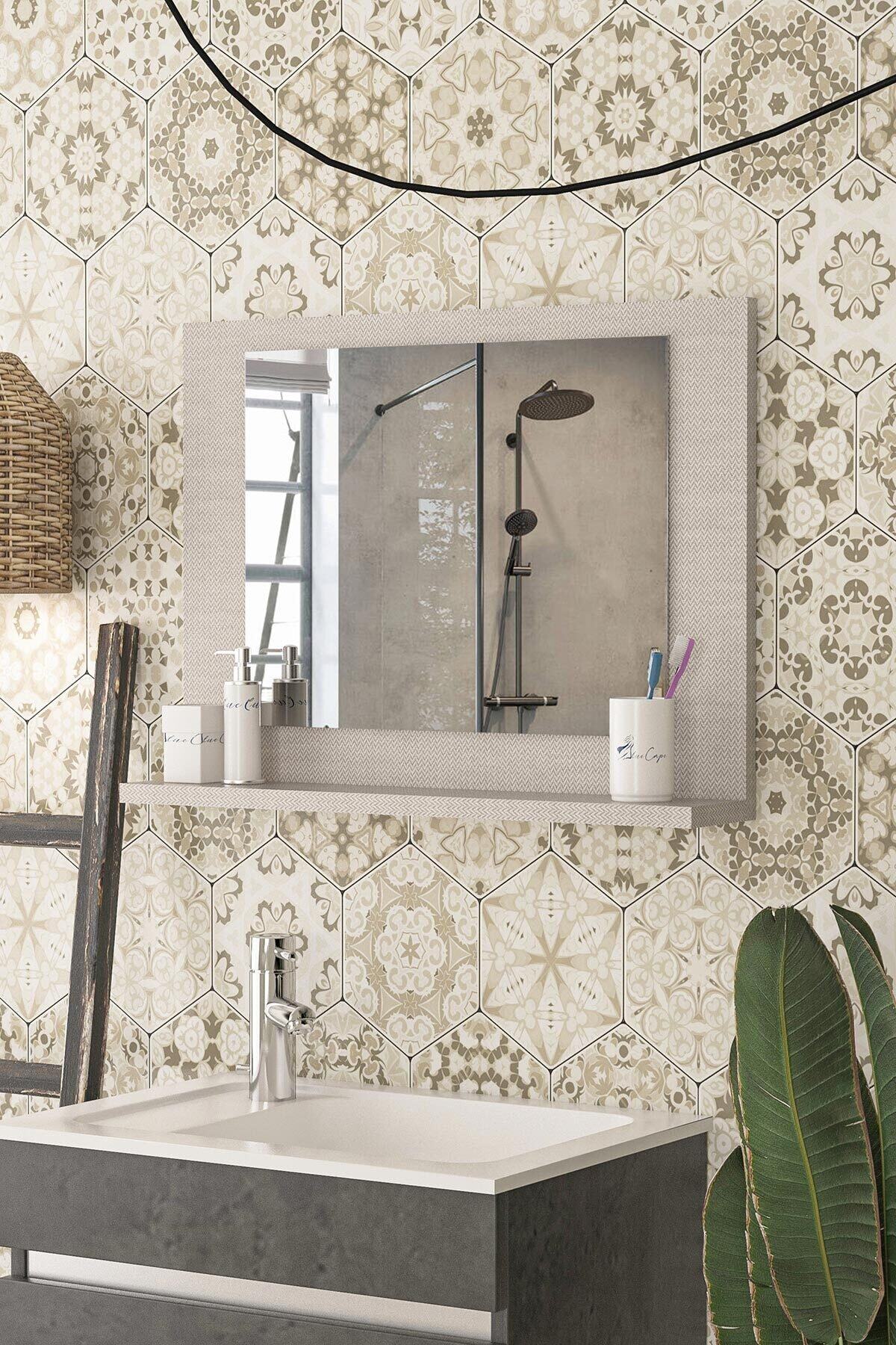 bluecape Modena 60x45cm Gri Chevron Raflı Ayna Dresuar Hol Koridor Salon Banyo Wc Ofis Çocuk Yatak Odası Boy