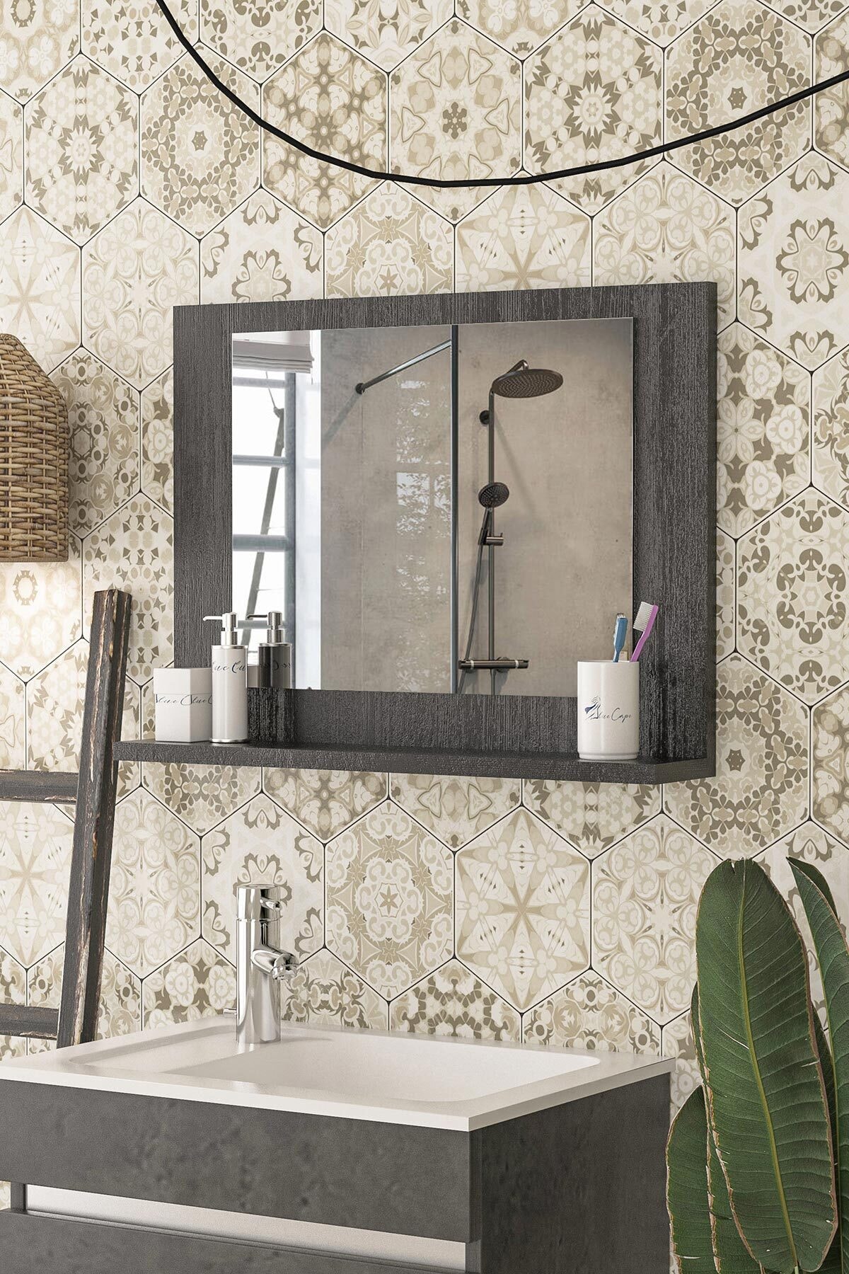 bluecape Modena 60x45cm Siyah Raflı Ayna Dresuar Hol Koridor Duvar Salon Banyo Wc Ofis Çocuk Yatak Odası Boy