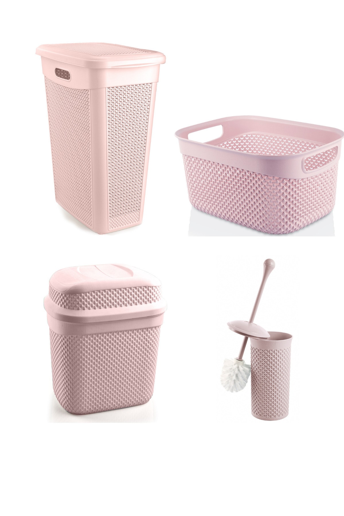 Melkan Home Banyo Seti 4'lü Kirli Çamaşır Sepeti + Temiz Çamaşır Sepeti + Girdap Çöp Kovası + Wc Fırça Pudra