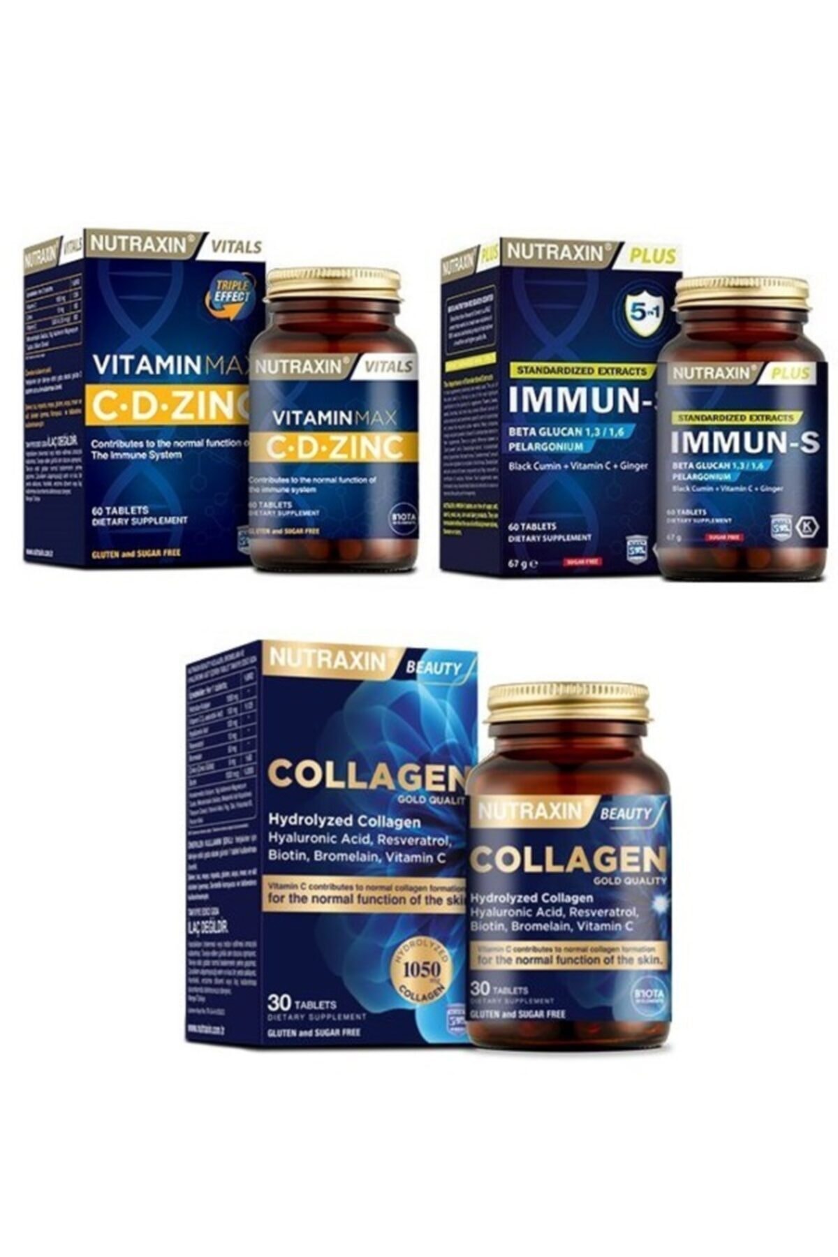Nutraxin Beta Glukan Içerikli 5 In 1 Immuns 60 Tablet+vitamin Max C-d-zınc+hidrolize Kolajen Içeren 30 Tablet