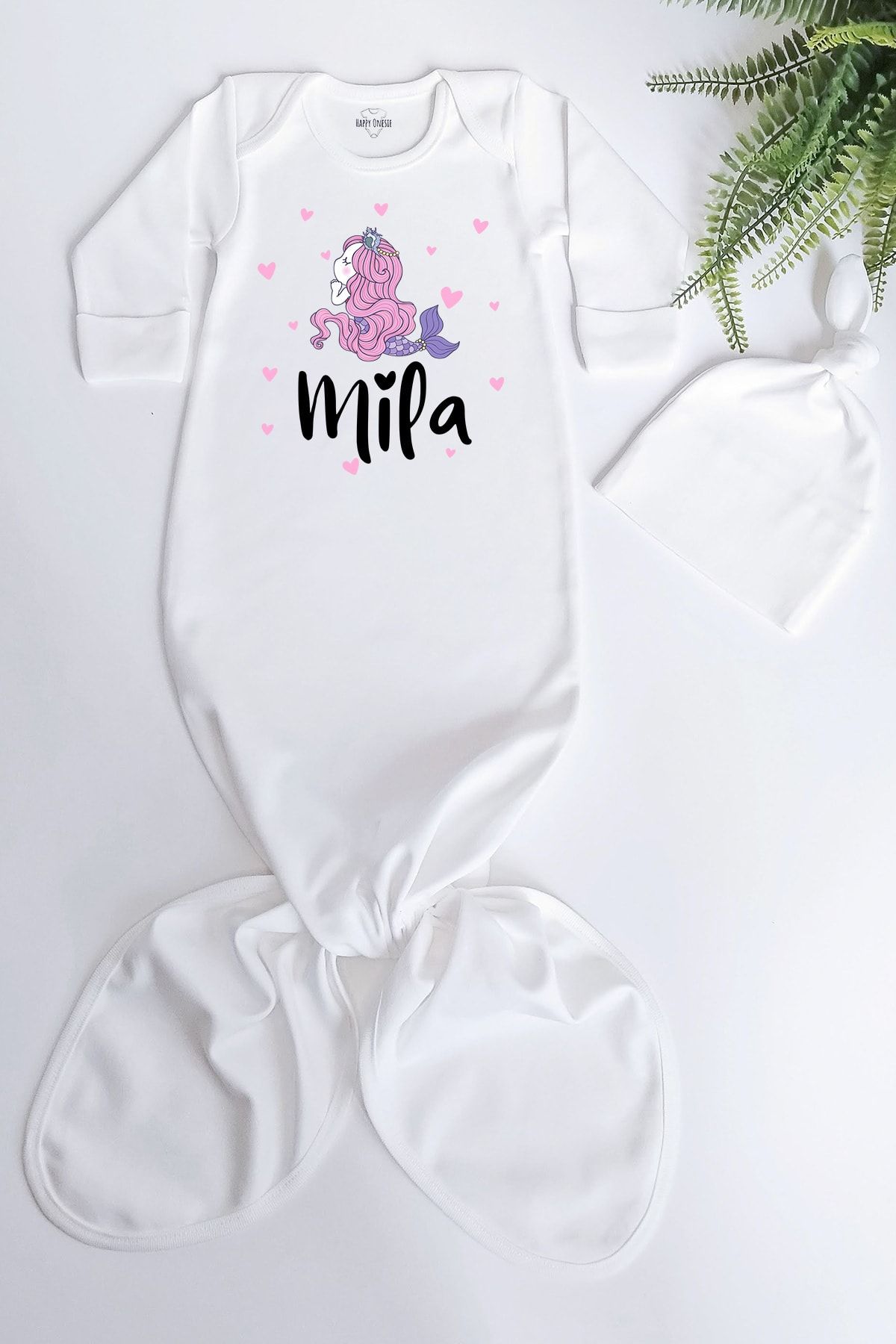 Happy Onesie Co Isimli Mila Organik Baskılı Düğümlü Tulum Ve Şapka Takım
