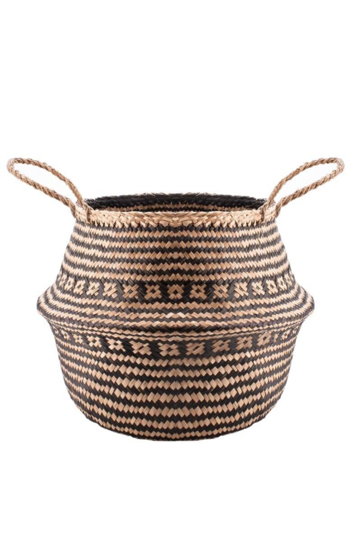Wisha Natural Siyah Desenli Large Boy Katlanabilir Hasır Sepet / Saksılık 35x32cm