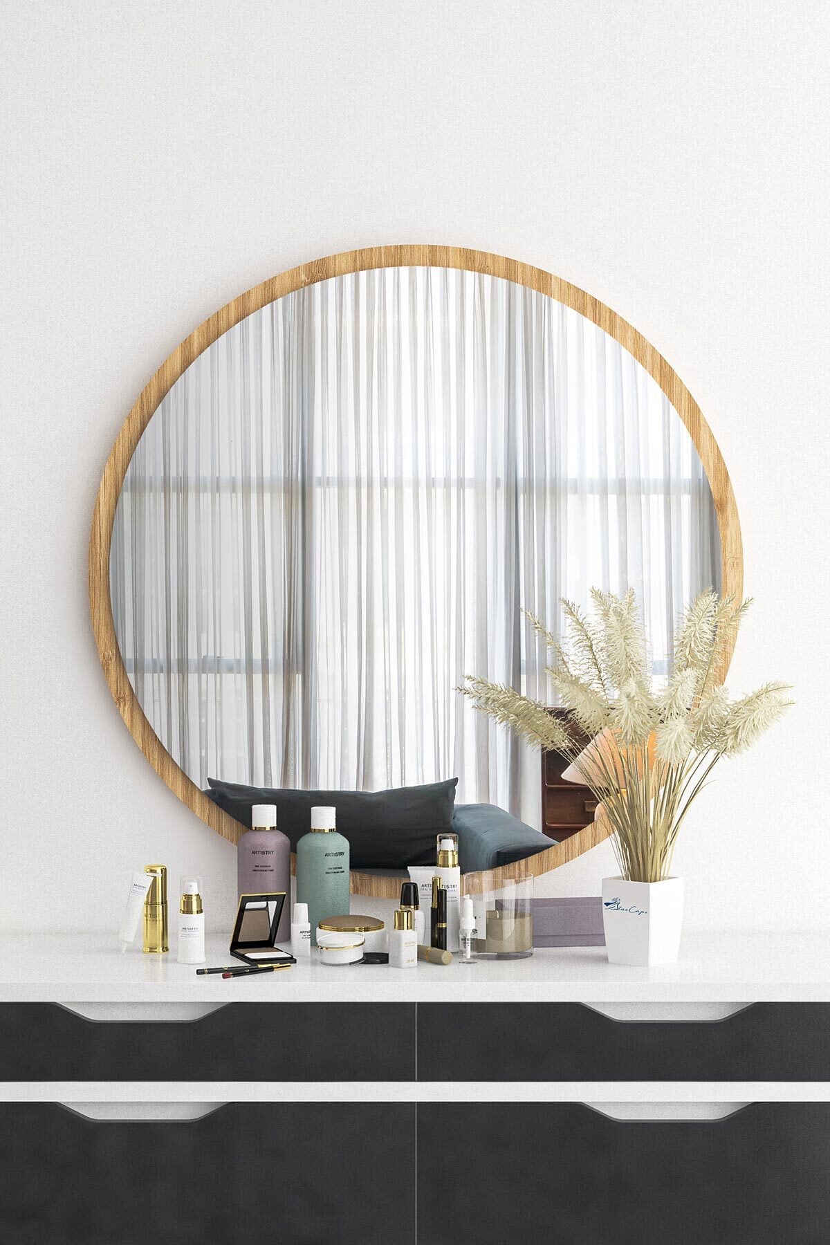 bluecape Yuvarlak Ayna 60cm Bambu Dresuar Hol Koridor Duvar Salon Banyo Wc Ofis Çocuk Yatak Odası Boy