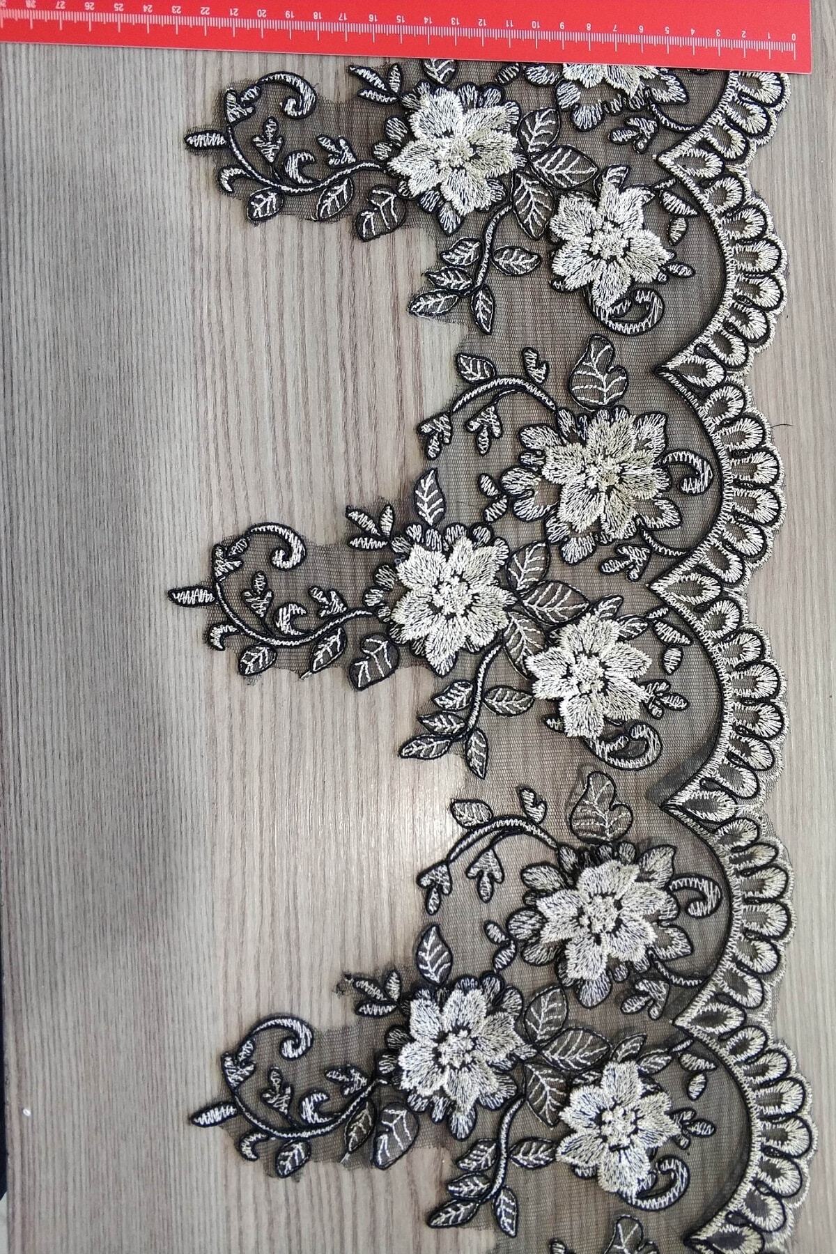 DUAYEN Üç Boyutlu Güpür Fransız Dantel Siyah Tül Üzeri Gold Işleme