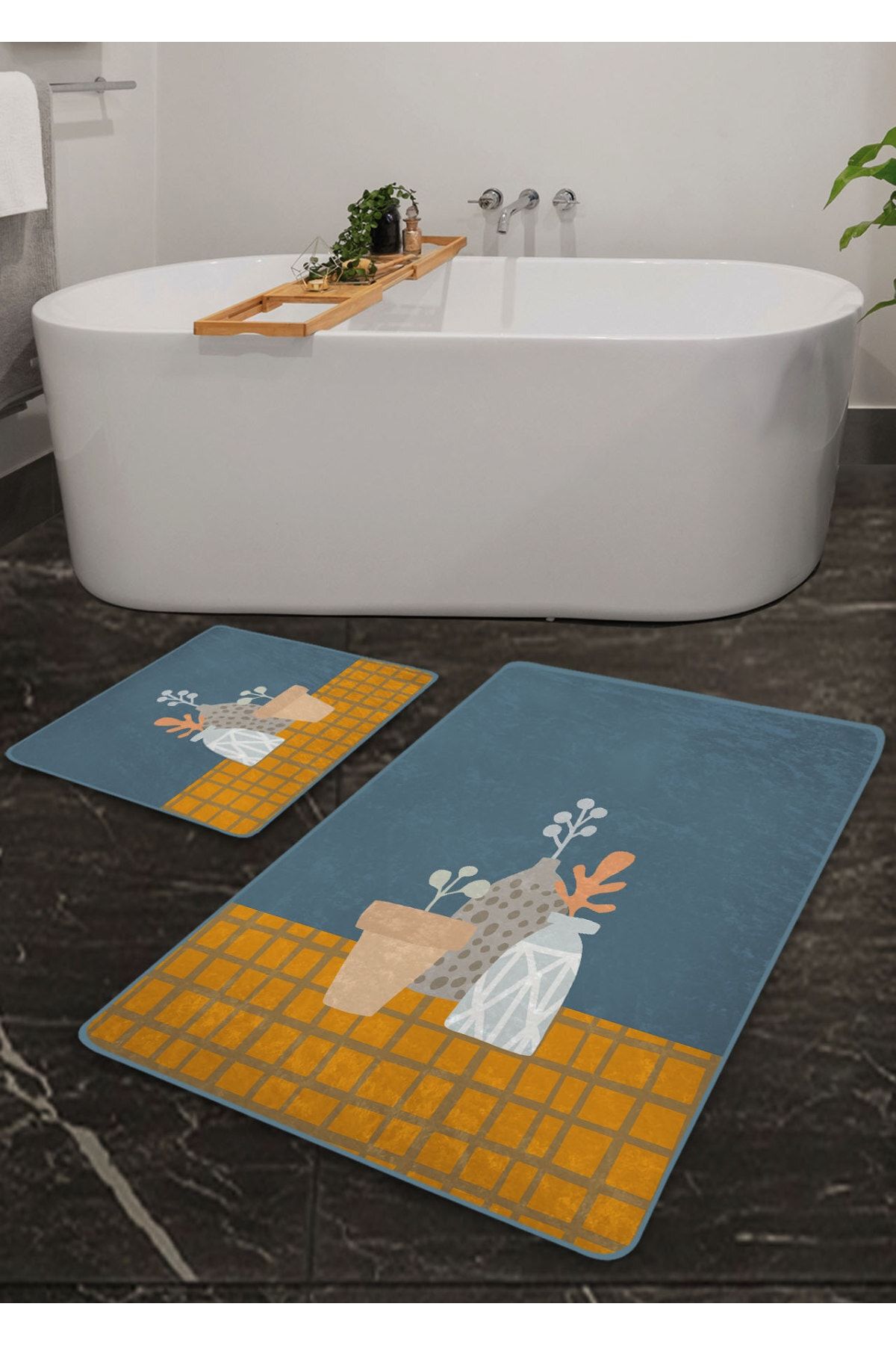 Pilloveland Kaymaz Taban Yıkanabilir 2’li Banyo Paspası - Kalsedon Desenli 60*100 Cm - 50*60 Cm