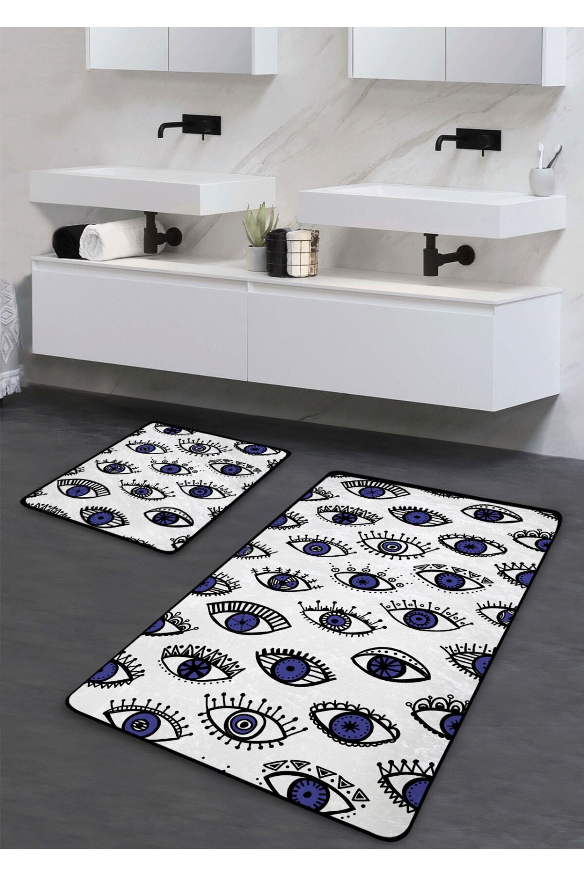 Pilloveland Kaymaz Taban Yıkanabilir 2’li Banyo Paspası - Göz Desenli 60*100 Cm - 50*60 Cm