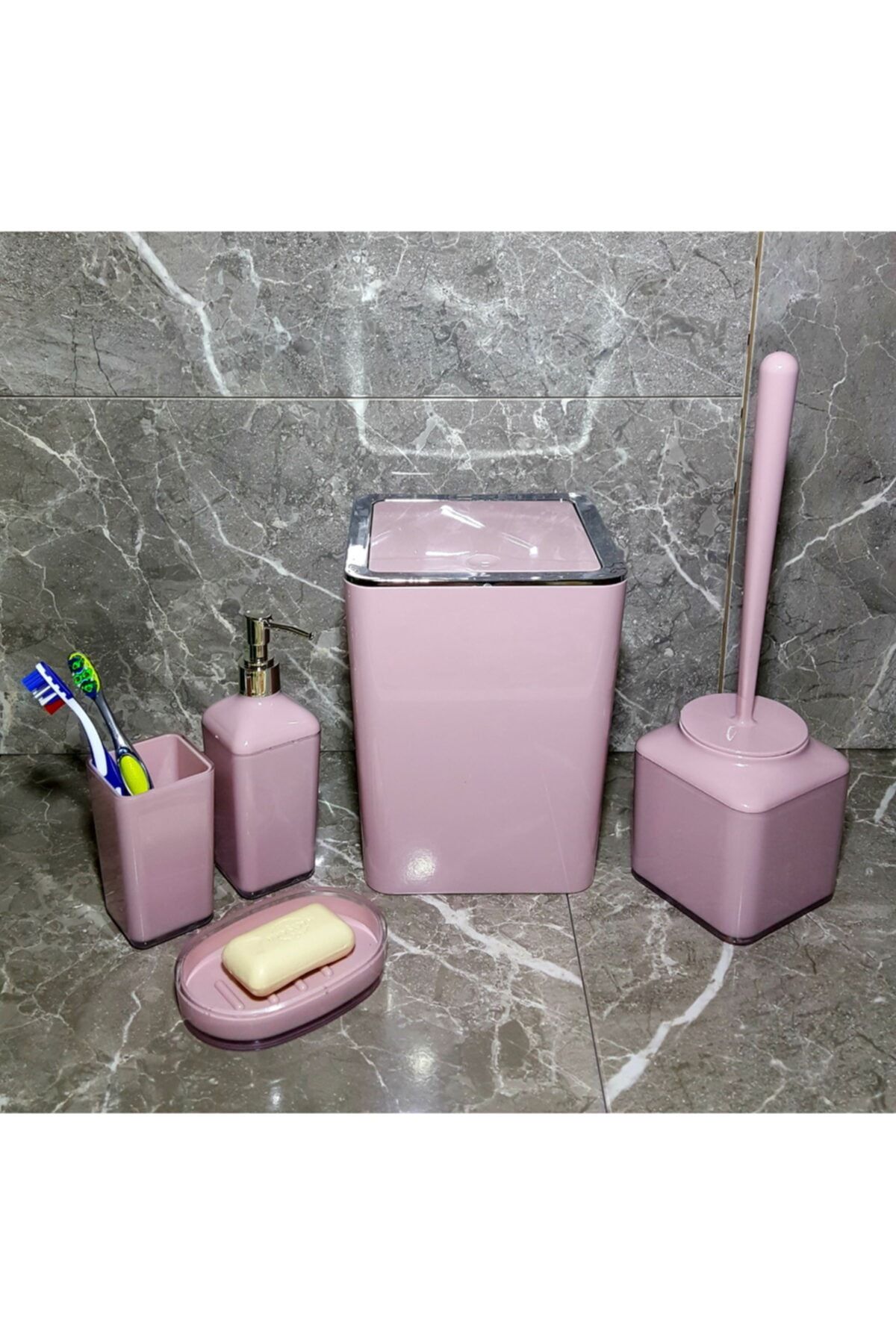 ODİ HOME Pudra Pembe 5'li Banyo SetiAkrilik 5 Parça Banyo Seti