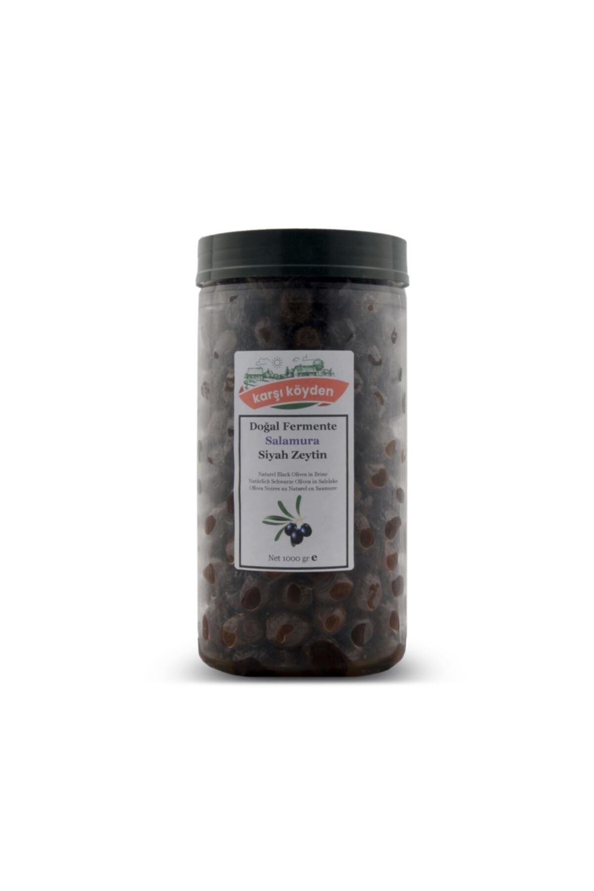 Karşı Köyden Taş Baskı Doğal Fermente Salamura Siyah Zeytin (1000GR - PET KAVANOZ)