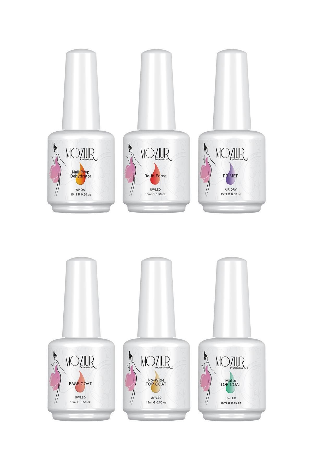 MOZIUR 6'lı Kat Seti 15ml (nail Prep, Re-in Force, Primer, Base, Top Coat, Matte Top Coat)