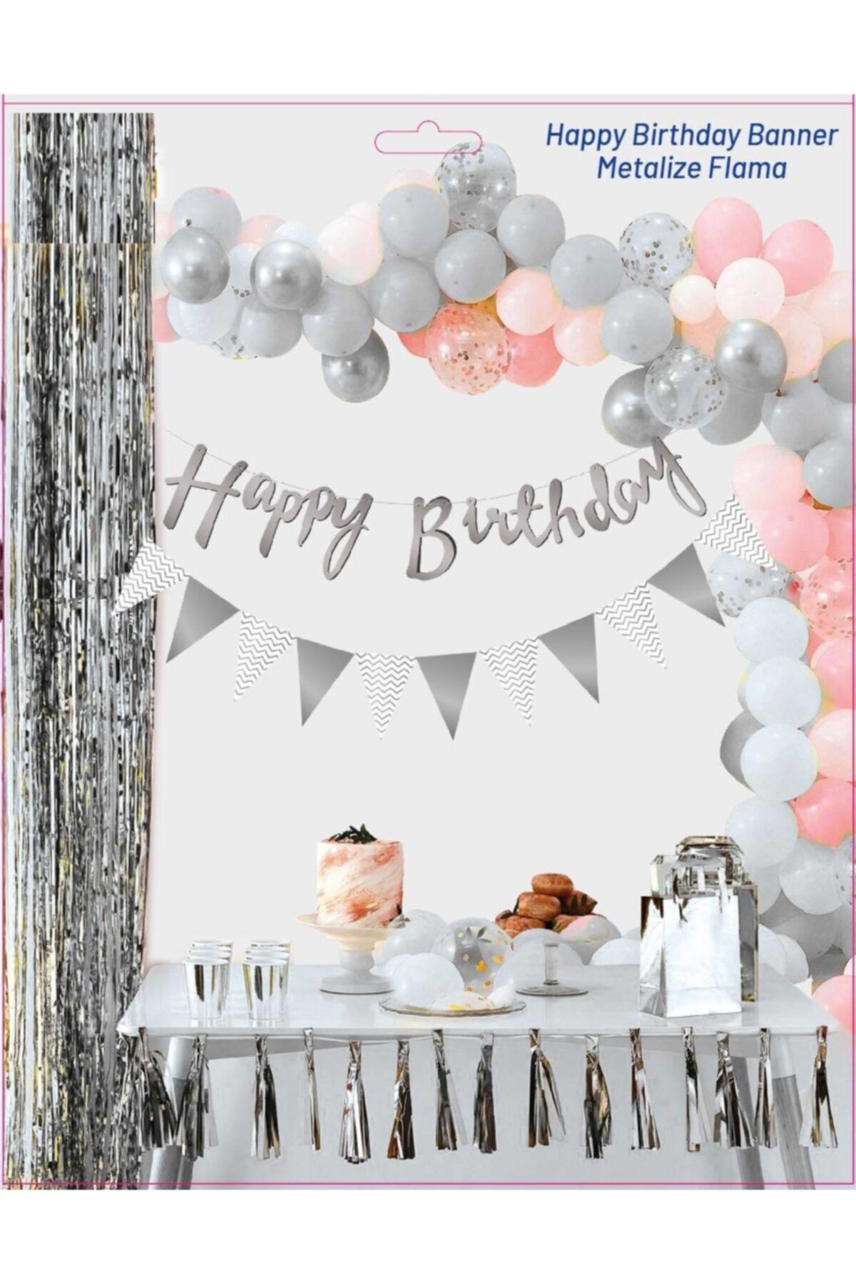 Doğumgünü Marketim Happy Birthday Kaligrafi Yazı Ve Metalize Flama Set Gümüş