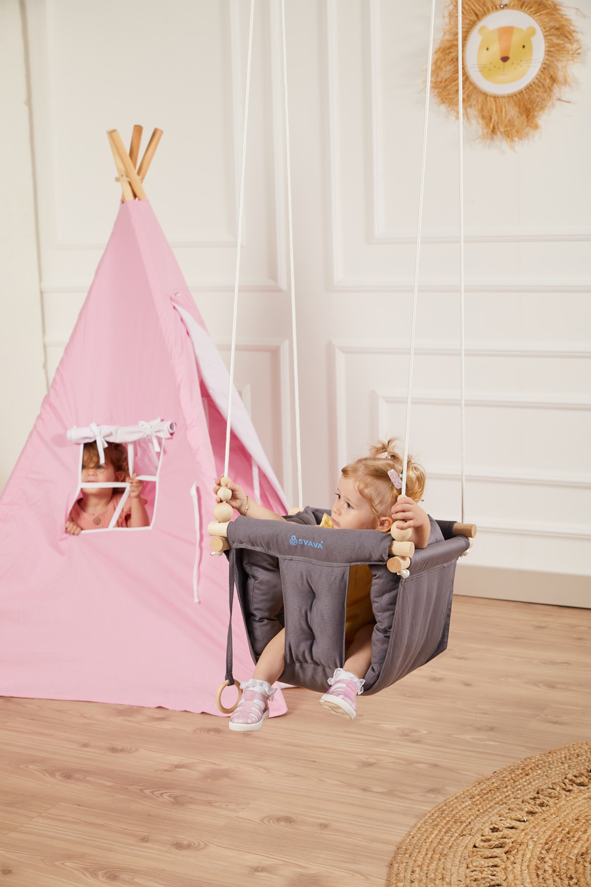 Svava Konfor Ahşap Bebek Salıncak, Tavana Asılan Çocuk Salıncağı (GRİ)