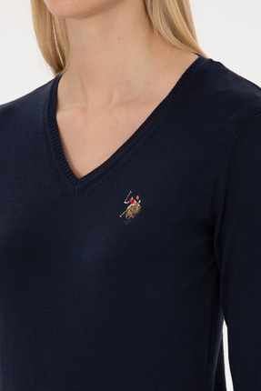 Kadın Lacivert V Yaka Basic Kazak 50307727-VR033 Image 6