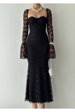 Kadın Siyah Kalp Yaka Dantel Detay Balık Uzun Abiye Elbise Image 4