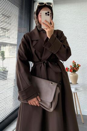 Premium Cepli Oversize Kadın Trençkot – Kahverengi Image 1