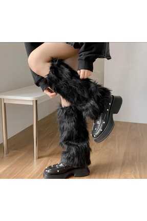 Uzun Siyah Renk Peluş Kürk Tozluk Image 1
