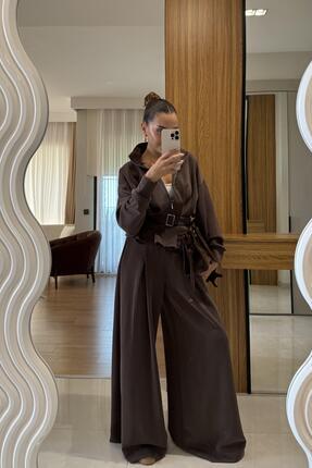 Avery Kahve Kemer Detaylı Geniş Paça Modal Takım Image 2