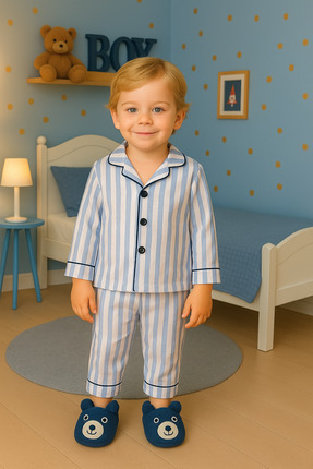 Mavi Çizgili Erkek Çocuk Önden Düğmeli Pijama Takımı Image 0