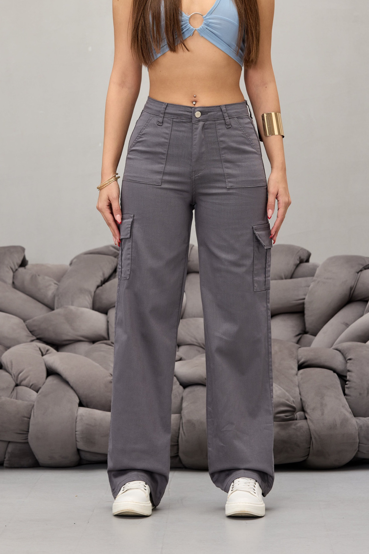 شلوار گشاد لایکرا جیبی خاکستری