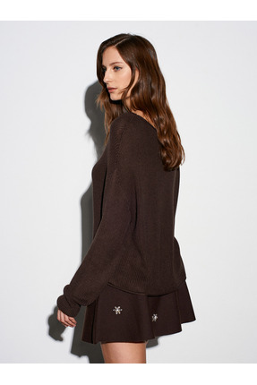 10804 Kayık Yaka Dökümlü Triko Kazak-Koyu Kahve Image 1