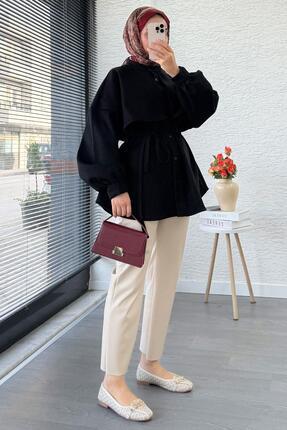 Pelerin Detaylı Önden Düğmeli Kaşe Gömlek – Siyah Image 5