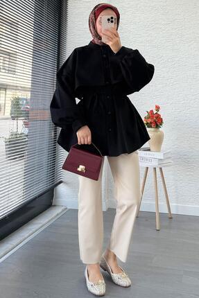 Pelerin Detaylı Önden Düğmeli Kaşe Gömlek – Siyah Image 4