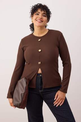 Kahverengi Aksesuar Düğmeli Uzun Kol Fitilli Örme Büyük Beden Bluz TBBAW26AF00078 Image 2