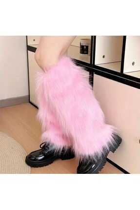 Pembe Renk Peluş Kürk Tozluk Uzun Tüylü Standart Beden 40 Cm Bacak Isıtıcı Image 1