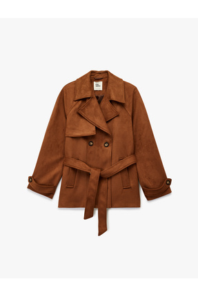Kruvaze Yaka Cep Detaylı Kemerli Uzun Kollu Suni Süet Trençkot Image 0