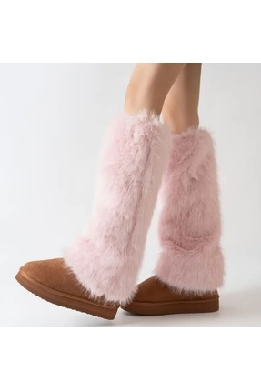 Pembe Renk Peluş Kürk Tozluk Uzun Tüylü Standart Beden 40 Cm Bacak Isıtıcı Image 4