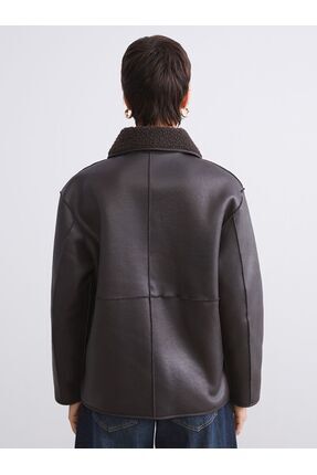 LCW Vision Pelüş Gömlek Yaka Kadın Deri Görünümlü Mont Image 5