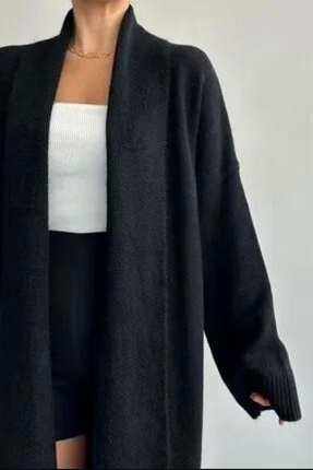 Kadın Siyah Şal Yaka Uzun Triko Hırka | Oversize & Rahat Model Image 2