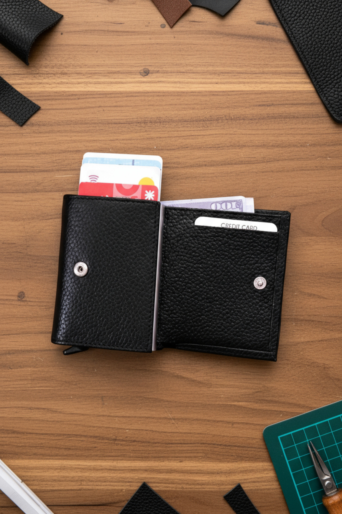 کیف پول پسکول جای کارت مشکی مردانه دارای مکانیزم اتوماتیک چرم اصل با محافظت RFID