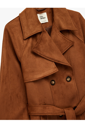 Kruvaze Yaka Cep Detaylı Kemerli Uzun Kollu Suni Süet Trençkot Image 2