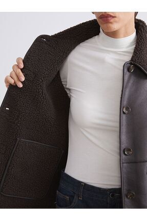 LCW Vision Pelüş Gömlek Yaka Kadın Deri Görünümlü Mont Image 4