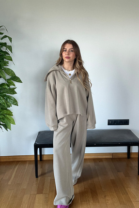 Kadın Açık Haki Fermuarlı Yeni Sezon Triko Takım – Oversize Günlük Kaliteli Rahat Kombin Image 7
