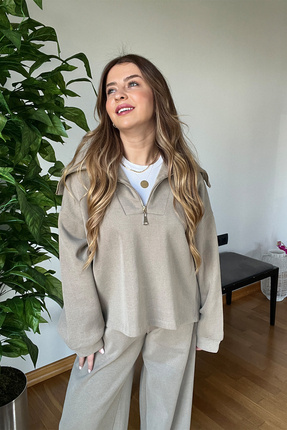 Kadın Açık Haki Fermuarlı Yeni Sezon Triko Takım – Oversize Günlük Kaliteli Rahat Kombin Image 5