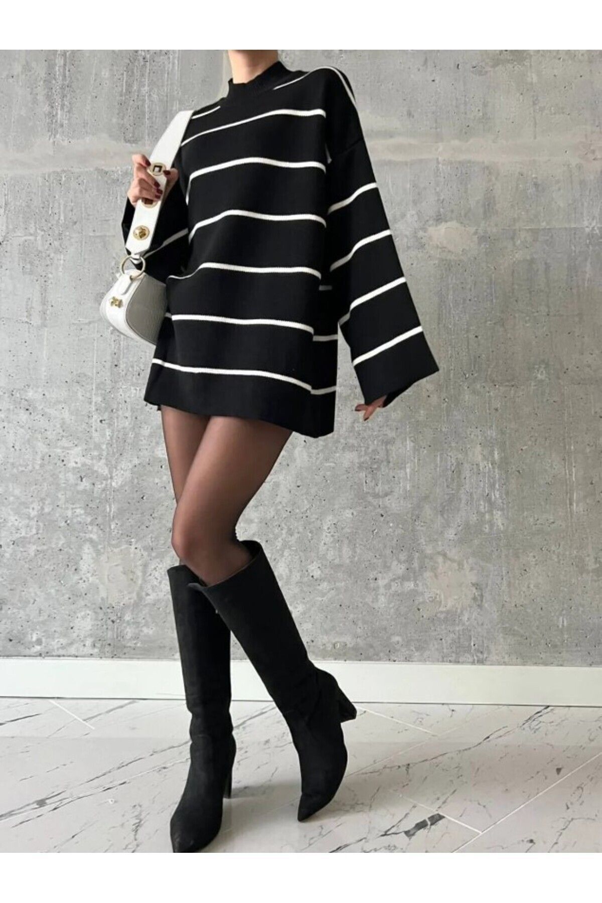 ژاکت بافتنی زنانه اورسایز راه راه نیمه یقه اسکی، ژاکت راه راه