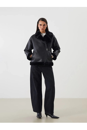 Classic Loose/Bol Kesin Siyah Kürk Yaka Peluş Astar Deri Görünümlü Kadın Mont Image 1