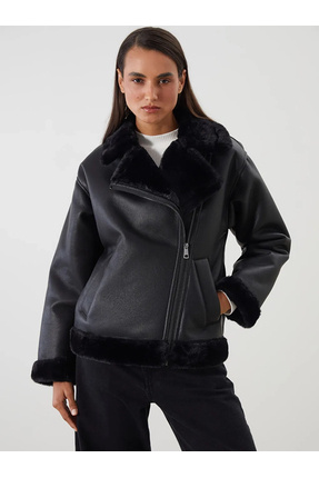 Classic Loose/Bol Kesin Siyah Kürk Yaka Peluş Astar Deri Görünümlü Kadın Mont Image 0