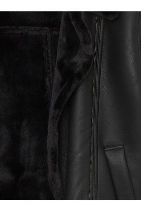 Classic Loose/Bol Kesin Siyah Kürk Yaka Peluş Astar Deri Görünümlü Kadın Mont Image 5