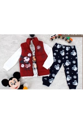 9-24 Ay Mickey Mouse Baskılı 3'lü Yelekli Bebek Takımı | Mevsimlik Image 0