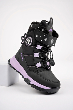 Dayanıklı, Ortopedik, Cırtlı, Siyah-Lila Kız Çocuk Kar Botu Ayakkabı Image 3