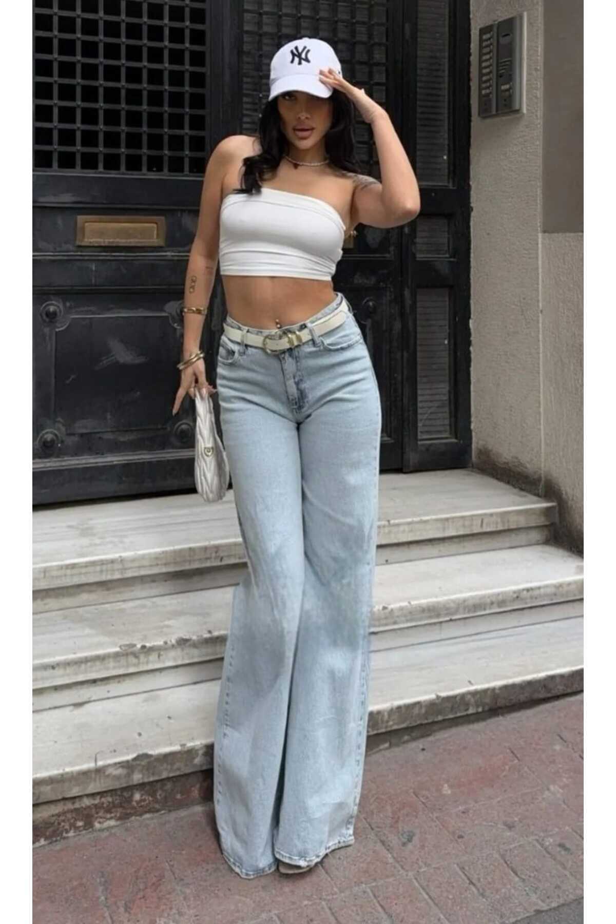 لباسشویی برفی زنانه آبی روشن فاق بلند شلوار جین جین گشاد Lvk-001040a