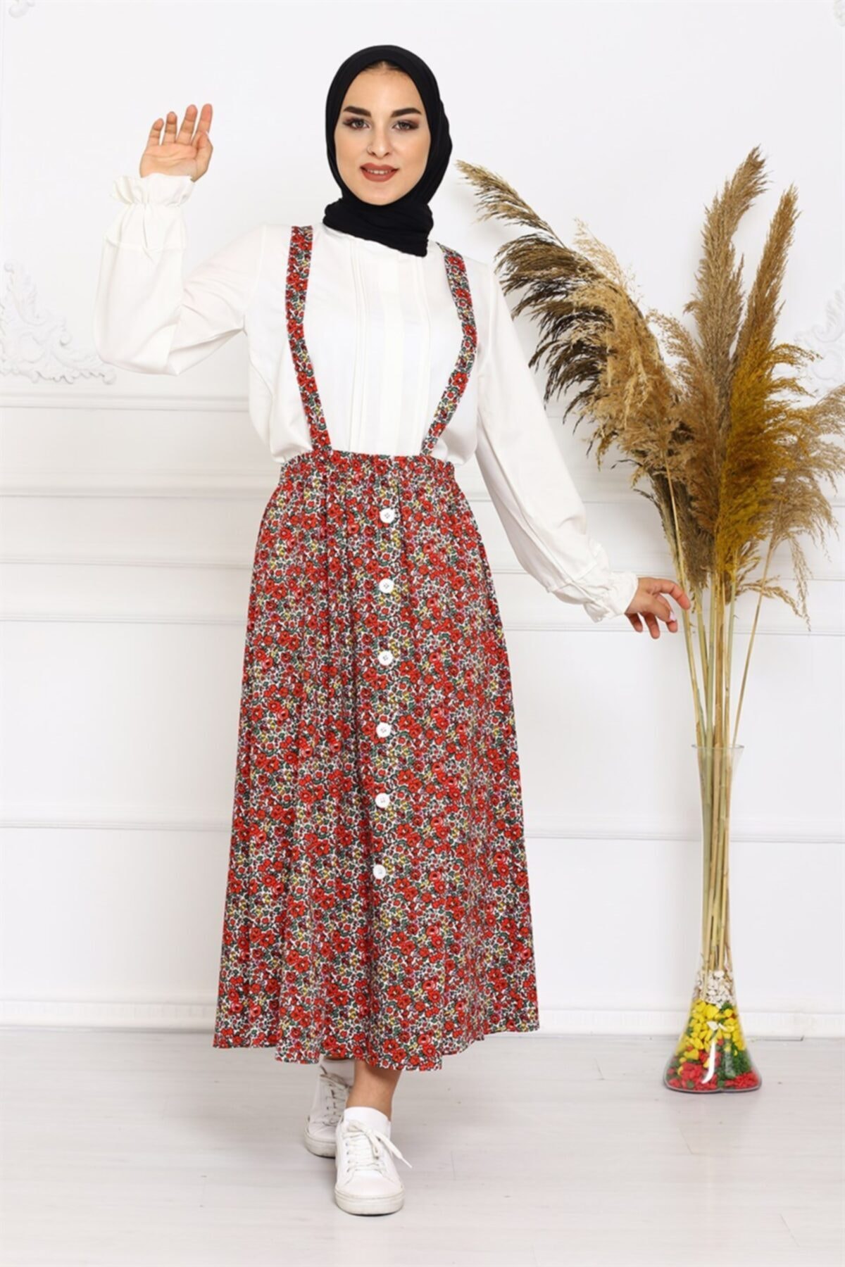 ModaBerfu Düğme Detaylı Salopet Etek (kırmızı)