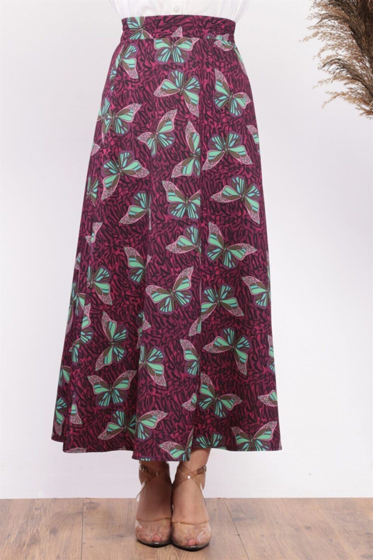 ModaBerfu Kelebek Desenli Kloş Etek (bordo)