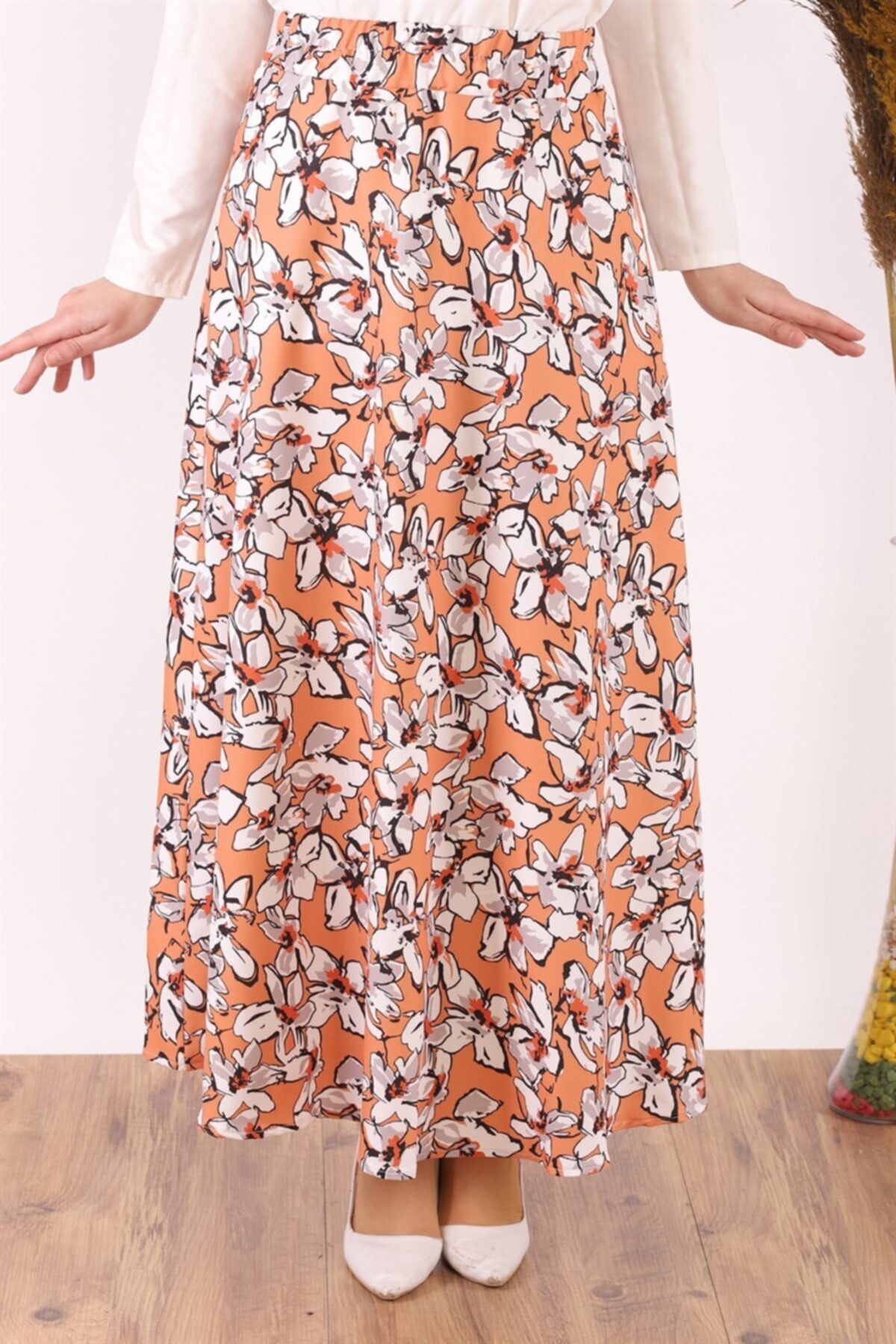 ModaBerfu Zambak Desenli Kloş Etek (somon)