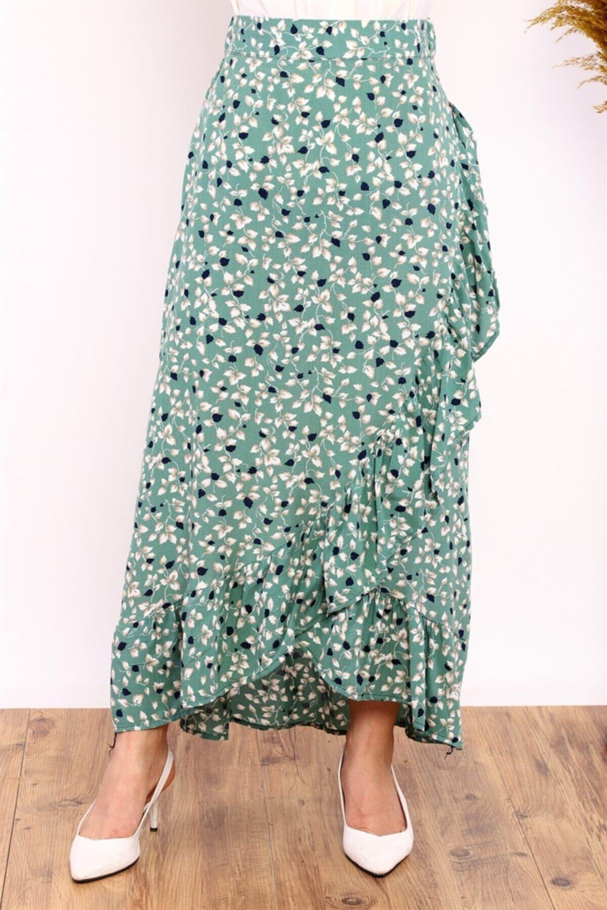 ModaBerfu Çiçek Desenli Fırfırlı Etek (çağla Yeşili)
