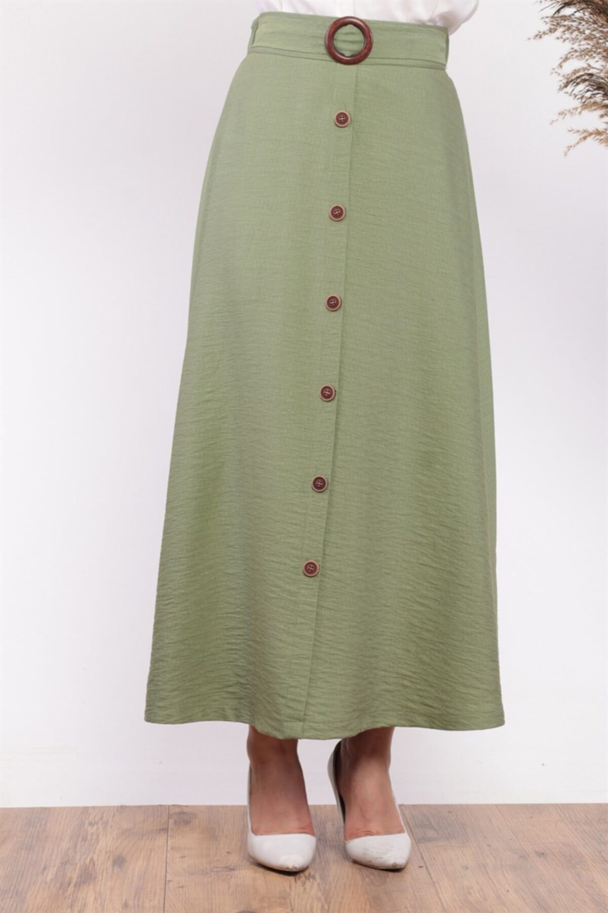 ModaBerfu Toka Ve Düğme Detaylı Etek (çağla Yeşili)