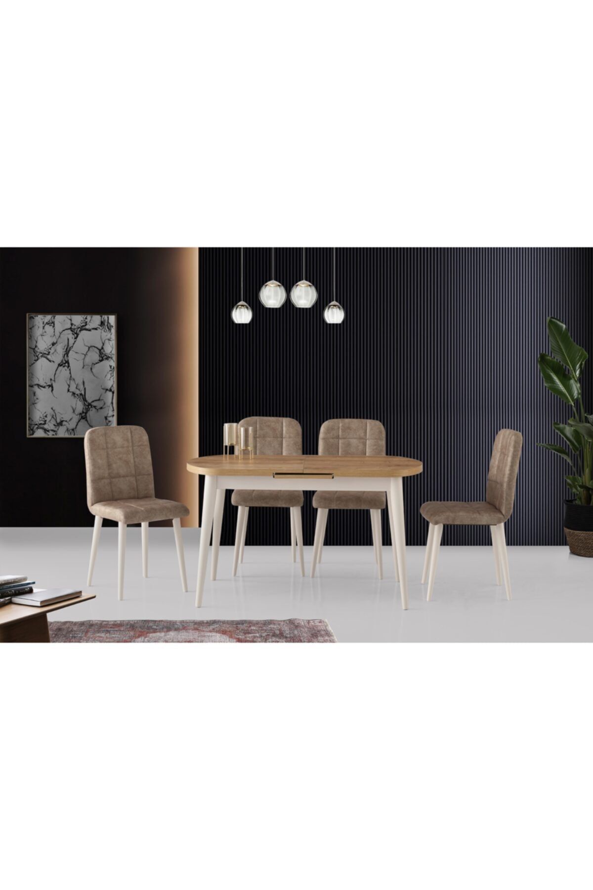 Evistro Ortadan Açılır Ahşap Salon Yemek Masası Oval Meşe + 4 Kahve Sandalye Takım